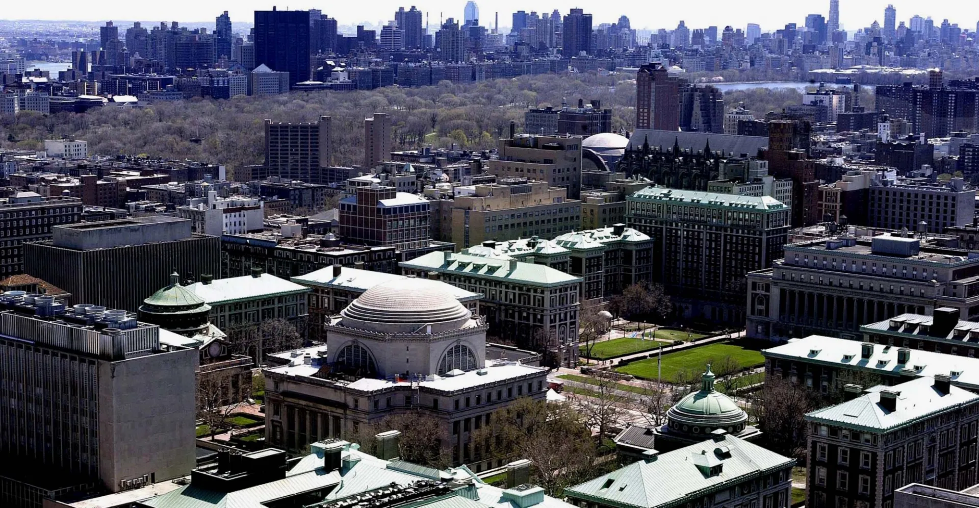 daytime distant aerial view of the morningside campus facing East side of the city